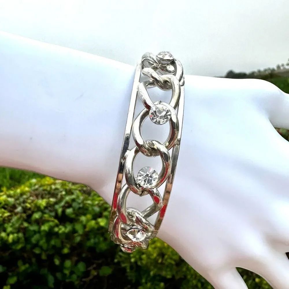 Silver tone rhinestone bangle bracelet